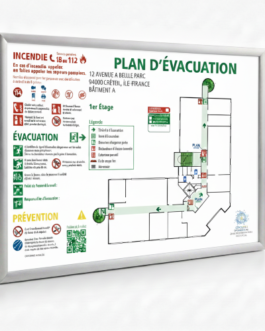 Plan d'Évacuation A3 Conforme NF X08-070 - Cadre Aluminium avec Relevé et Pose
