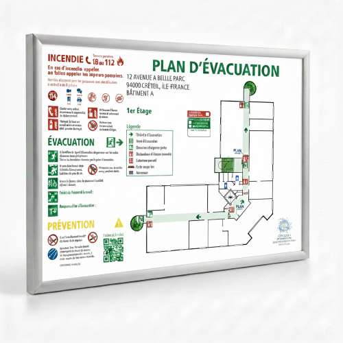 Plan d'évacuation plan-devacuation-a4-conforme-nf-x08-070-cadre-aluminium-avec-releve-et-pose conforme NF X08-070 cadre aluminium