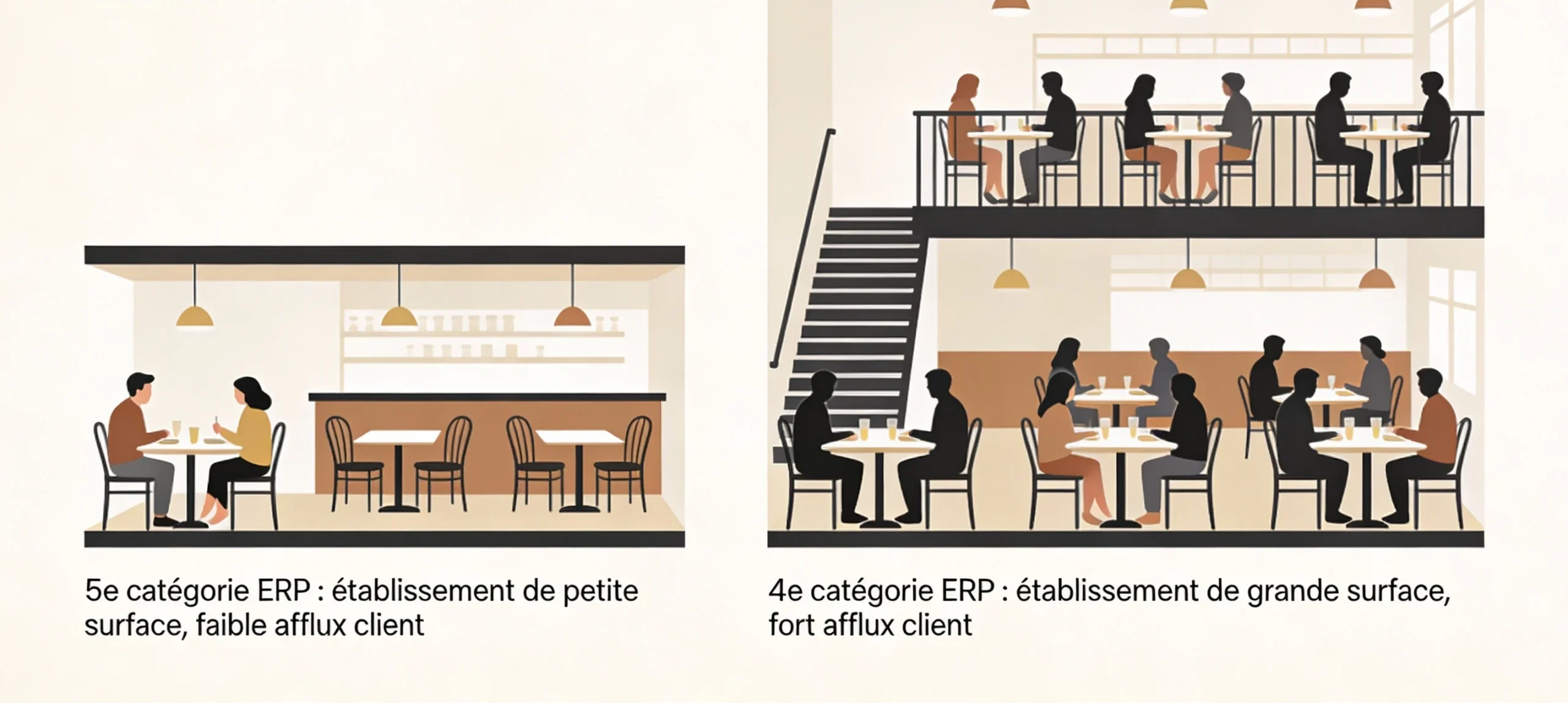 Comparaison entre un ERP de 5e catégorie de petite surface et un ERP de 4e catégorie accueillant beaucoup plus de public