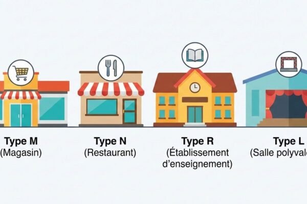 Schéma des types d’ERP M N R L : magasin, restaurant, établissement d’enseignement, salle polyvalente