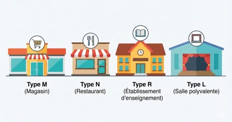 Infographie des types d'ERP : magasin, restaurant, établissement d'enseignement et salle polyvalente