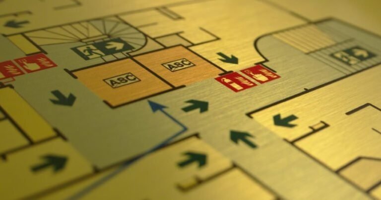 Plan d'évacuation affiché, avec ses pictogrammes et ses cheminements