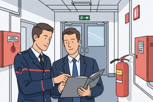 Commission de sécurité incendie contrôlant un établissement recevant du public