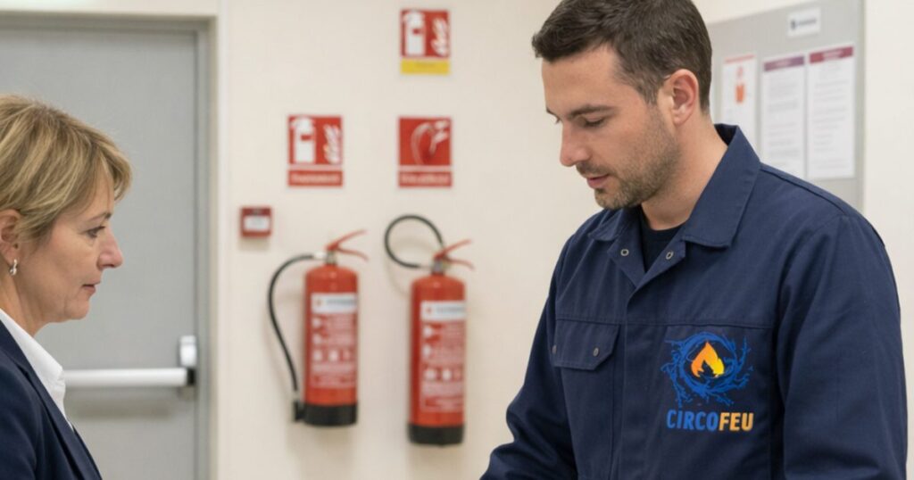 Technicien CIRCOFEU expliquant le choix d'un extincteur à une gérante devant un mur d'appareils
