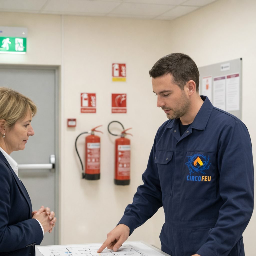 Technicien CIRCOFEU expliquant le plan de sécurité incendie à l'exploitante d'un établissement recevant du public