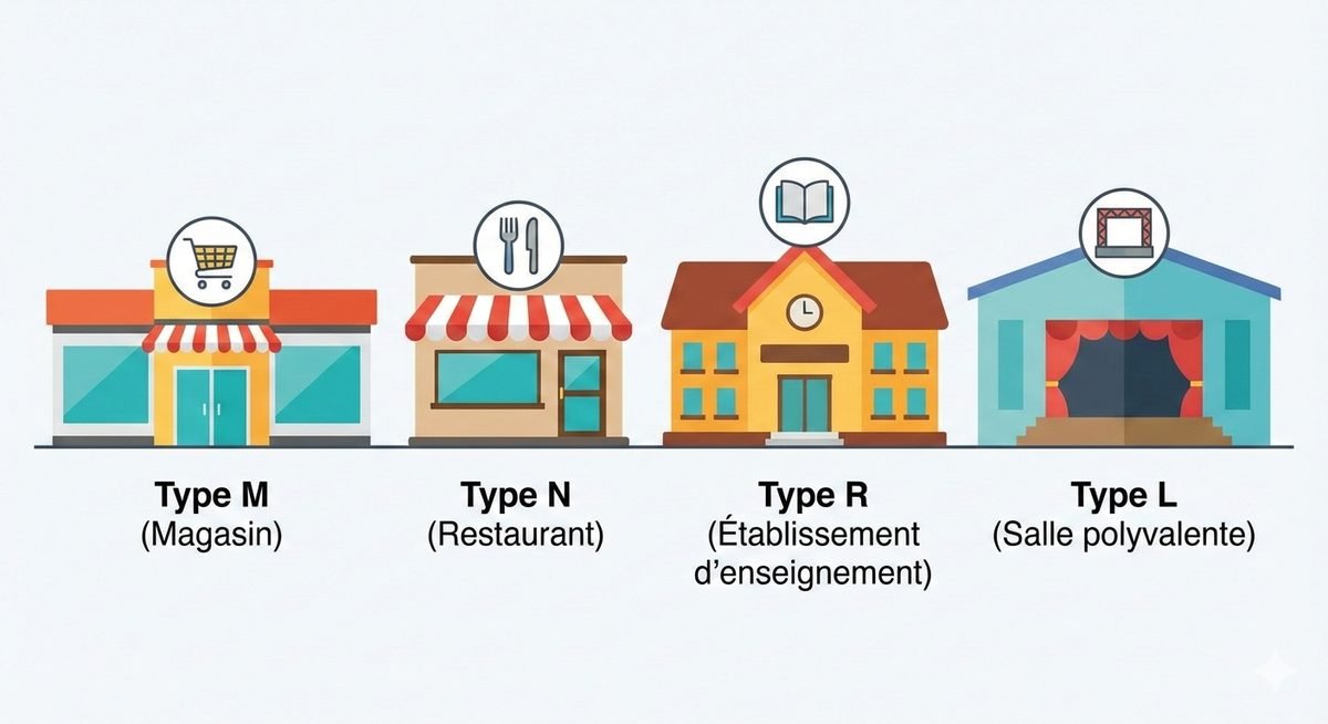 Quatre types d'ERP représentés par leur devanture : magasin de type M, restaurant de type N, établissement d'enseignement de type R et salle polyvalente de type L