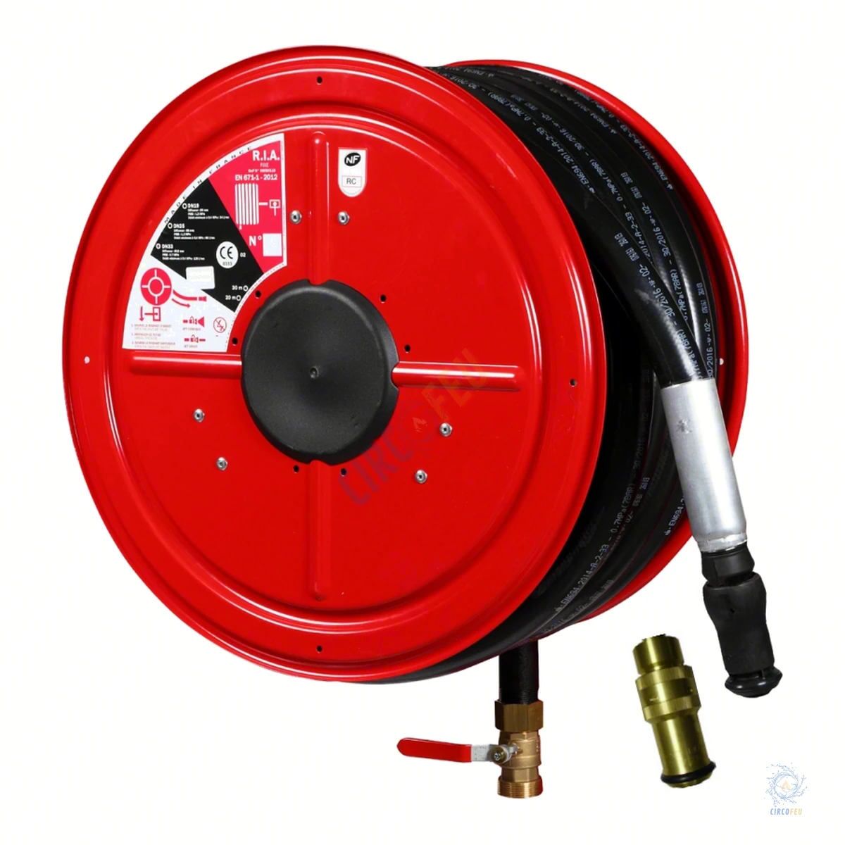 Robinet d'incendie armé fixe DN 25 avec dévidoir laqué rouge, tuyau semi-rigide enroulé et lance à jet réglable - CIRCOFEU
