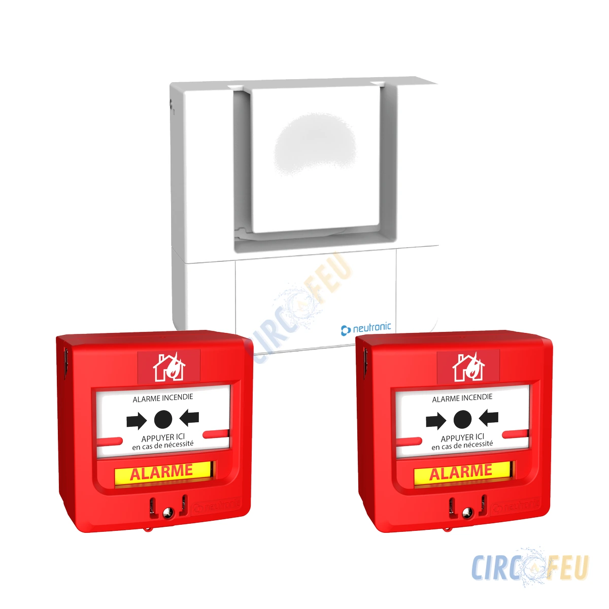 Pack alarme incendie type 4 radio, 2 déclencheurs et 1 sirène, Neutronic référence NEU-PACK-2DM-1S